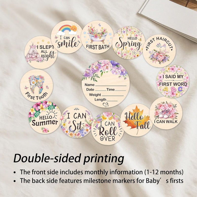 MCIAONE Baby Monthly Milestone Cards - 13pcs Wooden Double Sided Flower Monthly Milestone Signs, Birth Announcement Sign for Photo Props, 1-12 Months Newborn Milestones Cards, Baby Shower Party Gifts Marker - Image 5